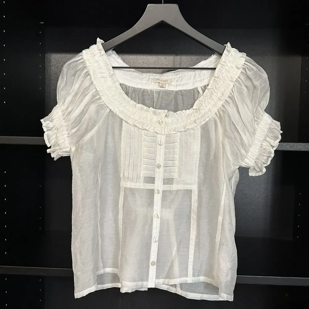 Pilcro Short-Sleeve Button Up Sheer Silky Blouse Scoop Neck Puff Sleeve Top XS